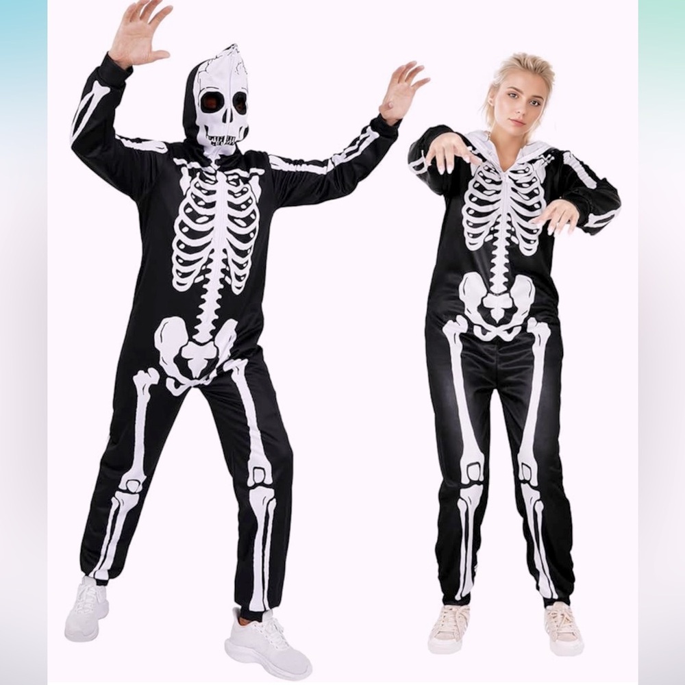 NWT Halloween  Costume Printed Skeleton Hooded Zipper Onesie, Unisex, Large